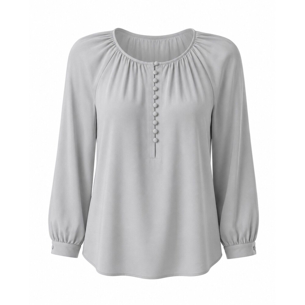 J. Crew Women's Light Gray Peasant Blouse Covered Button Neck 3/4 Sleeve Size M